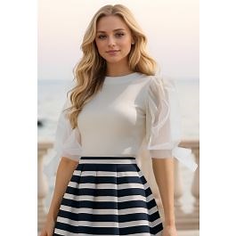 Organza Bubble Sleeves Knit Top in White
