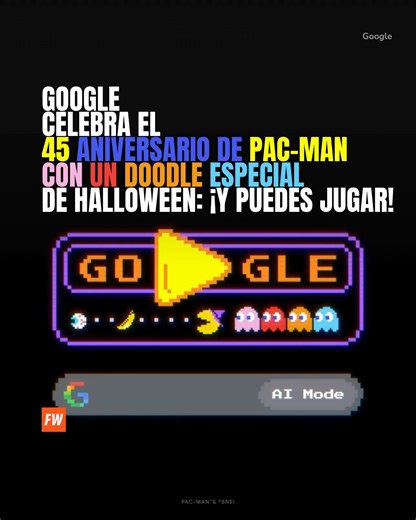 ¡Juega PAC-MAN en Google hoy! El juego de aniversario presenta contenido diseñado en colaboración directa con Bandai Namco Entertainment 😉⬇ https://www.fayerwayer.com/entretenimiento/2025/10/30/google-celebra-el-45-aniversario-de-pac-man-con-un-doodle-especial-de-halloween-y-puedes-jugar/ | FayerWayer