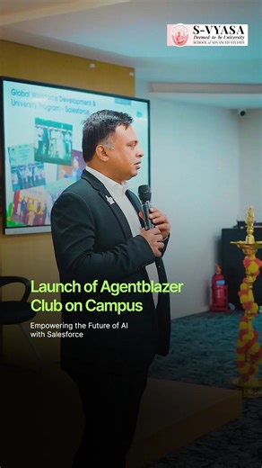 S-VYASA Deemed-to-be University on Instagram: "🚀 Empowering the Future of AI with Salesforce! 🤖 The School of Computer Science and Applications at S-VYASA School of Advanced Studies launched the Agentblazer Club. We were honored to have Mr. Santhosh Rebello, Global Workforce Development & University Program Manager – India, lead an insightful session on “Empowering the Future of AI with #salesforce .” 🌐 The Agentblazer Club aims to create a dynamic community of learners and innovators through