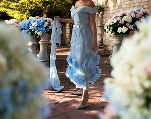 Cinderella Blue Tulle Midi Dress: Hand-embroidered Floral Gown With Scarf - Etsy