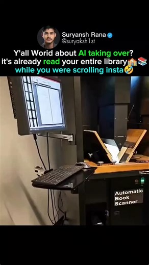 Suryansh Rana on Instagram: "Book-scanning robot feeding its AI friends This robot scans ~2,500 pages an hour using air and suction, basically turning old books into brain food for AI. It’s wild to think AI is learning from everything we’ve ever written. #ai #chatgpt #tech #machinelearing #booksbooksbooks #ebook #roboticsevolution #Robotics #openai #ghiblistudio"
