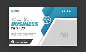Download Corporate creative video thumbnail and social media cover design, digital marketing agency live video streaming for business promotion on abstract blue colorful shapes and white background for free