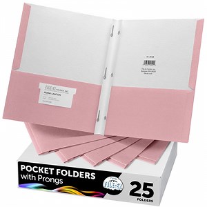 FILE-EZ Two-Pocket Folders with 3-Prong Fasteners, Pink Color, 25-Pack, Durable Textured Paper, Matte Finish, Letter Sheet Size (EZ-62590)