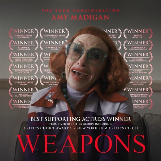 Amy Madigan delivers a standout performance as "Aunt Gladys" in WEAPONS, honored with Best Supporting Actress nominations from the Actor Awards, Critics Choice Association, and Golden Globes. | Warner Bros.