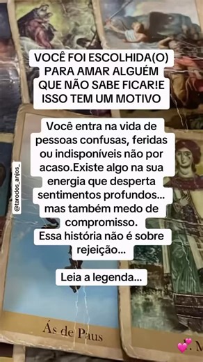 Tarot Dos Anjos on Instagram: "É sobre você ocupar o papel de quem cura, acolhe e sustenta enquanto o outro #foge . O #destino mostra que isso pode continuar… ou pode ser encerrado #agora , se você entender qual papel precisa #abandonar. 👉 Para descobrir por que #você atrai esse tipo de vínculo e como mudar esse padrão amoroso, acesse o link da bio e agende sua consulta."
