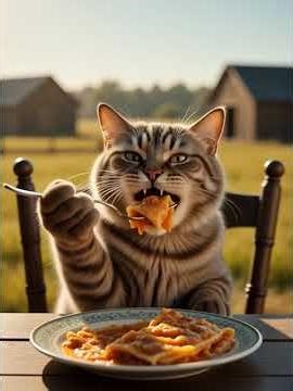 Cat Sitting on a Chair Eating Lasagna 🍝🐱 Farm Delight!
