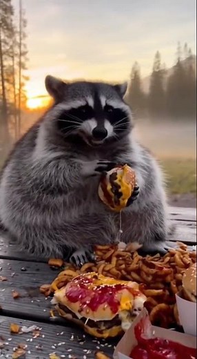 Ultimate Cheat Day! Chubby Raccoon Gives Thumbs-Up After Cheeseburger Feast #funnyanimals