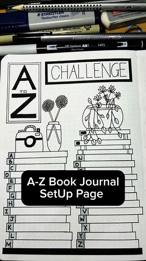 A to Z challenge bullet book journal page. Setting up new bujo from @Notebook Therapy using a variety of different pens including @STAEDTLER @Faber-Castell @tombowcolombia #bujo #2025bookjournal #bookreview #bulletjournal #readingbujo #bookjournal #journaling #bujoinspiration #bulletjournal2025 ##bujospread