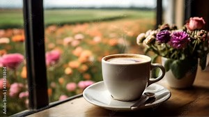 A cup of coffee on a café table with a view of the lake seamless looping time-lapse animation video background. Generated AI