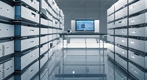 Futuristic digital document management system for corporate paperless office organization and search Concept Document Management System Paperless Office Digital Organization Corporate Efficiency 4k an