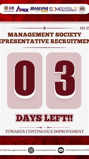 [ 🚨 𝐌𝐀𝐍𝐀𝐆𝐄𝐌𝐄𝐍𝐓 𝐒𝐎𝐂𝐈𝐄𝐓𝐘 𝐑𝐄𝐏𝐑𝐄𝐒𝐄𝐍𝐓𝐀𝐓𝐈𝐕𝐄 𝐑𝐄𝐂𝐑𝐔𝐈𝐓𝐌𝐄𝐍𝐓 - 𝐑𝐄𝐆𝐈𝐒𝐓𝐑𝐀𝐓𝐈𝐎𝐍 𝐂𝐋𝐎𝐒𝐄𝐒 𝐈𝐍 𝟑 𝐃𝐀𝐘𝐒! 🚨 ] As the countdown begins, we’re just 3 days away from the closing of registration for the 𝐌𝐚𝐧𝐚𝐠𝐞𝐦𝐞𝐧𝐭 𝐒𝐨𝐜𝐢𝐞𝐭𝐲 𝐑𝐞𝐩𝐫𝐞𝐬𝐞𝐧𝐭𝐚𝐭𝐢𝐯𝐞 𝐑𝐞𝐜𝐫𝐮𝐢𝐭𝐦𝐞𝐧𝐭! ⏳ If you haven’t secured your spot yet, this is your gentle nudge as this is an opportunity for you to make your mark! 🌟 𝑹𝒆𝒒𝒖𝒊𝒓𝒆𝒎𝒆𝒏𝒕𝒔 : ✅ Open to Year 1 