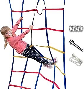 Cateam Climbing net for Kids - Ninja Slackline Accessories - 6.6 ft. Slackline Climbing net for Backyard Obstacle Course with Ground anchoring - Accessories for slacklines, Backyard Playground
