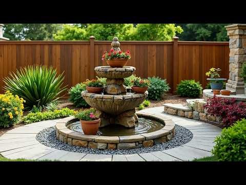 Serene Stone Fountain Oasis: A Vibrant Backyard Garden