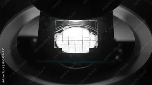 Macro view of spin coating process applying photoresist to silicon wafer followed by photolithography exposure in semiconductor manufacturing