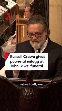 Russell Crowe delivers powerful eulogy at John Laws' funeral in St Andrew's Cathedral, Sydney