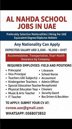 Al Nahda School Jobs UAE 2025 | Teachers, Admin, and Support Staff | Apply Now#jobwaveuae