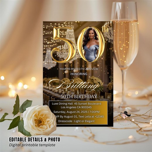 Digital 50th Birthday Invitation Black Golden 50th Birthday Dinner Invite With Photo Elegant Birthday Party Woman Card Printable Template - Etsy