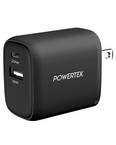 Liquipel Powertek 20W PD USBC and 18W USBA Dual Port Wall Block Charger, Type C Fast Charging Cube, Wall Power Adapter Plug, Two Tone Black
