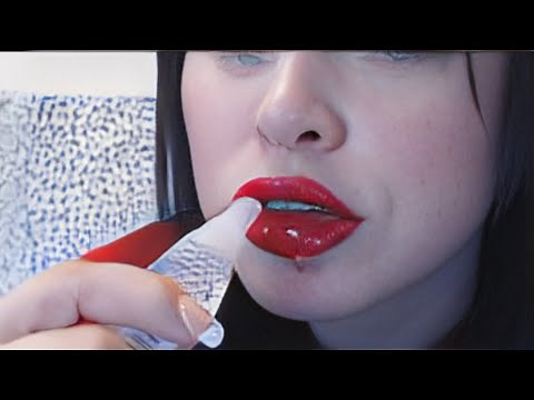 ASMR Brunette with Red Glossy Lips | Relaxing Lip Gloss Application & Soft Spoken Sounds