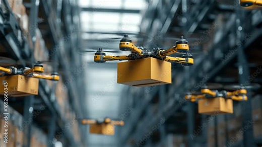 Autonomous drones move packages efficiently through a large, organized warehouse. They navigate rows of shelves and deliver items to designated spots in the logistics center