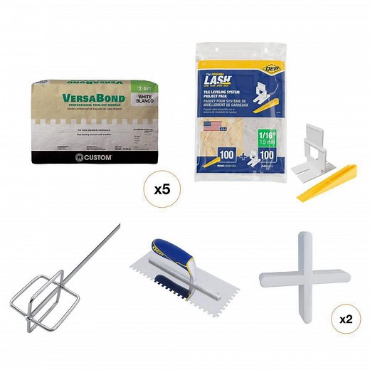 Complete Tile Installation Kit with Mortar: White VersaBond, LASH Leveling, 1/16in Spacers, Trowel & Paddle(900-Piece) - The Home Depot