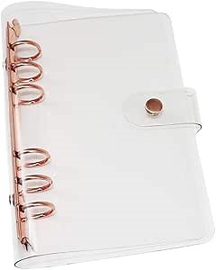 Personal A6 Transparent PVC Binder Cover Clear Soft PVC Notebook Shell 6 Rose Gold Ring Protector with Snap Button Closure Loose Leaf Folders (Personal A6, Clear Cover + Rose Gold Binder)