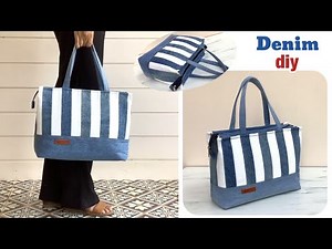 how to sew denim tote bag with zipper from old jeans ,sewing diy denim tote bag with zipper tutorial