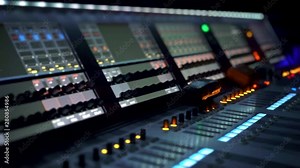 Remote control for adjusting the sound. Audio mixer. Sound engineer adjusts the sound. Music Festival. Change the volume level. Recording studio. Shooting a television show, a concert. Live broadcast.