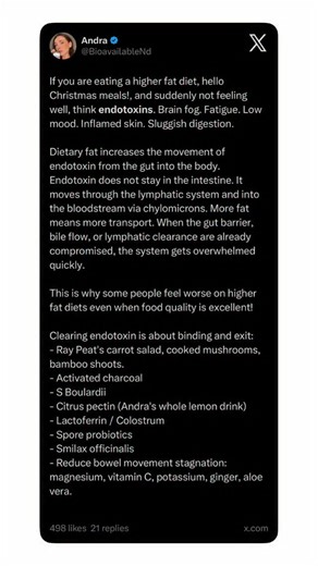 Andra | Naturopath on Instagram: "Ray Peat taught that endotoxins rise when food ferments in the intestine. This happens with poor digestion, irritation, or bacterial overgrowth. When fat is eaten, endotoxins are absorbed with it and carried through the lymph into the bloodstream. Saturated fats tend to be less inflammatory, while excess PUFA intake is associated with higher endotoxemia and immune activation. This increases stress on the liver, immune system, and endocrine signaling. Chronically