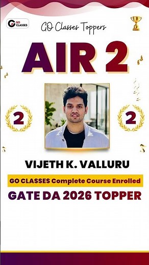 AIR - 2, GATE DA 2026 | GO Classes Complete Course Student 🏆| Vijeth Valluru | #GateToppers #GateDA