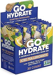 GoHydrate Low Sodium Electrolytes Powder Packets Sugar Free - Instant Hydration Daily Drink Mix - Zero Sugar Water Flavor Packet Singles with Vitamin D - (Iced Tea Lemonade, 30 Packs)