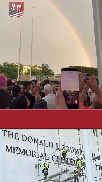 Crowd sings God Bless America as Trump's name taken down!