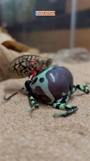 Specialized consumption: The Poison Frog expands fourfold to contain the Harlequin Beetle's rigid structural adaptation. #PoisonFrog #HarlequinBeetle #MaximumCapacity #SkinTension ⚙️ AI-generated dramatization — No real insects or creatures are involved in these visuals. | Insects Apex