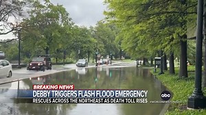 Remnants of Tropical Storm Debby slammed the Northeast causing flash flood emergencies along with heavy rain from Washington D.C. to Boston. At least eight are dead and authorities are warning the flooding could continue for days. Trevor Ault has the latest. https://trib.al/CrPJNME | ABC World News Tonight with David Muir