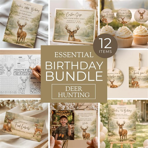 Deer Hunting Theme Birthday Bundle, Woodland Invitation Set, Rustic Nature Bday Party Invite Pack, Forest Animal Decor Kit Printable CO22 - Etsy