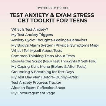 Test Anxiety & Exam Stress Workbook for Teens | CBT & SEL Counseling Worksheets