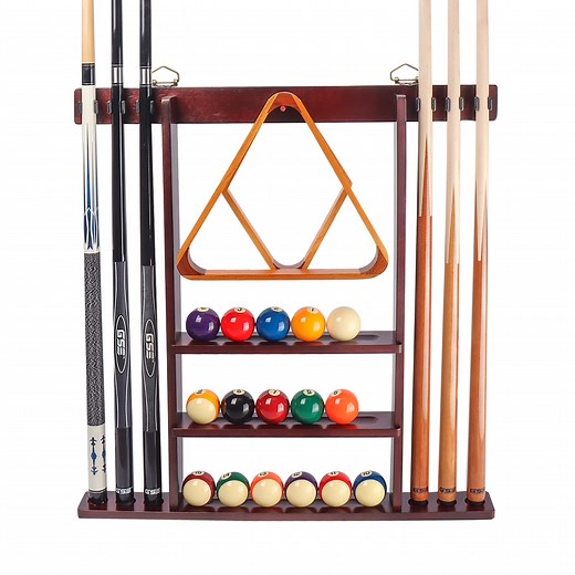 GSE Games & Sports Expert Billiard Pool Cue Stick Hanging Wall Mounting Rack. Holds 6 Pool Cue Stick, Billiard Ball Rack and Pool Ball - Mahogany