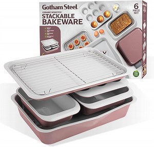 Gotham Steel 6 Pc Stackable Baking Pans Set Non Stick, 70% Space Saving Design, Nonstick Ceramic Bakeware Sets Non Toxic, with Baking Sheet Tray, Cake & Muffin Pans, Oven & Dishwasher Safe, Mauve - Walmart.com