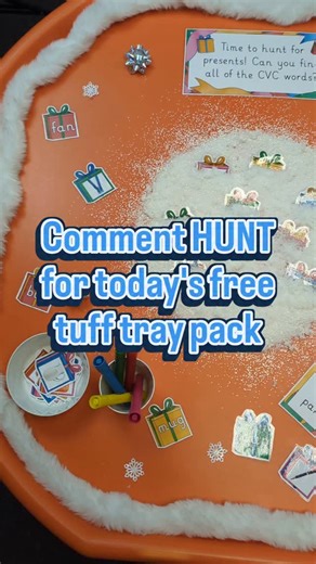 Comment HUNT for the download link to today's free Christmas tuff tray pack. Can the children match the CVC pictures and words? It's only free today so don't miss out! #christmastufftray #phonicstufftray #12daysoftufftrays #tufftrayideas #freetufftray #cvcwords | Teacher's Pet Classroom Resources
