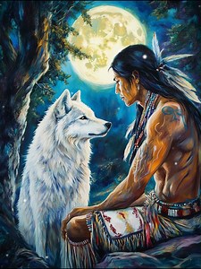 Shared Breath They sit without words. Moon between them. Fur holds the night. Skin remembers fire. No hand is raised. No promise spoken. The forest leans closer, listening. Strength lives here— not in the arm, but in stillness that does not turn away. The wolf guards by staying. The man protects by seeing. Ancestors pass through their quiet— a warmth behind the ribs, a knowing older than names. Freedom is this moment: to meet another life without hunger, without fear, and leave it whole. | Nativ