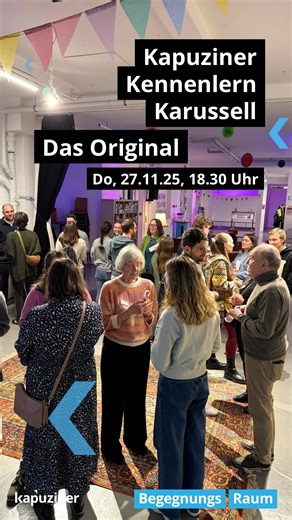 Kapuziner Ravensburg on Instagram: "Es dreht sich wieder! Neugierig auf neue Begegnungen? Dann steig auf – beim Kennenlern-Karussell im Kapuziner Ravensburg! Hier dreht sich alles ums Miteinander, Entdecken und Austauschen – in lockerer, spielerischer Atmosphäre und ganz ohne Anmeldung. Freu dich auf unterhaltsame Spiele und spannende Thementische, an denen du: deine Hobbys vorstellen, Lieblingsplätze in Ravensburg und Umgebung teilen oder einfach gute Gespräche führen kannst. Eine perfekte Gele