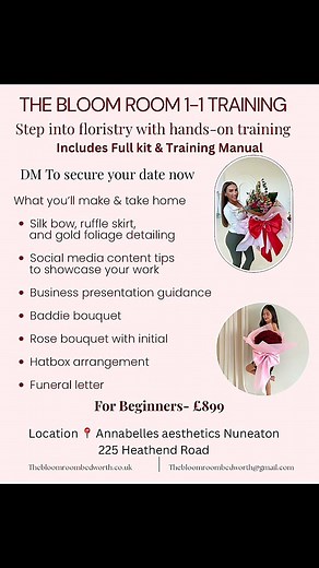 🌸 The wait is finally over! 🌸 We can finally confirm the rumours are true… The Bloom Room Classroom has officially come to life! 💫 ✨ 1-1 luxury florist training now available ✨ Fast-track your skills and learn The Bloom Room way with our Beginners Course, complete with your own tool kit and training manual. Ready to turn your passion for flowers into a career? 🌷 DM us to secure your space or find out more! 📍 Location: Nuneaton — @AnnabellesAesthetics #florist #flowers #training #FloristTrai