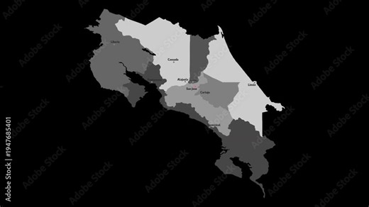 Vector map of Costa Rica with names of cities and with borders city