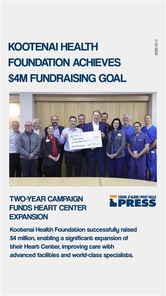 The Kootenai Health Foundation concluded a two-year campaign, meeting its $4 million goal for expanding the Heart Center. The project added facilities and attracted top specialists, enhancing cardiac care. Read More: https://cdapress.com/news/2024/jan/31/foundation-completes-4m-heart-center-campaign/ #cdapress #kootenaihealth #hearthealth | Coeur d'Alene Press