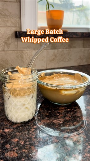 large batch whipped coffee? save time during the week? heck yea, sign me up! 1/2 cup instant coffee 1/2 cup sugar (more or less to taste) 1/2 tsp ground cinnamon 1 tsp vanilla 1/3 cup hot water #atasteofmichelle #bigmamacooks #whippedcoffee #dalgonacoffee #instantcoffee | A Taste of Michelle