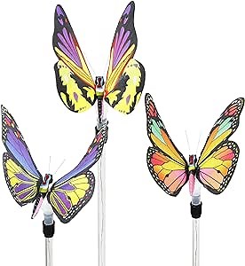 Exhart Garden Solar Lights, Set of 3 Fiber Optic Butterfly Garden Stakes, Color Changing LED, Outdoor Garden Decoration, 5 x 30 Inch