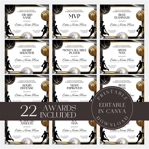 Editable Basketball Award Certificates Team MVP, End of Season (canva Templates) - Etsy