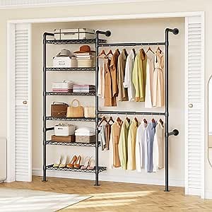 ONBRILL H2 Wall Mounted Clothing Rack, Expandable Industrial Pipe Clothes Rack Garment Racks for Hanging Clothes, Heavy Duty Closet Organizers and Storage in Closet System, Black