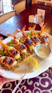 Our Jumbo Shrimp Brochette includes: Juicy shrimp, wrapped in smoky bacon and stuffed with creamy Monterey Jack cheese and a hint of jalapeño, served with flavorful dirty rice. 🍤🥓🧀 #JumboShrimpBrochette #Pappadeaux | Pappadeaux Seafood Kitchen