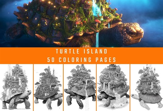 Turtle Island Coloring Page | Floating Fantasy World | Ultra-detailed Turtle & Crystal City Art (digital Download) - Etsy